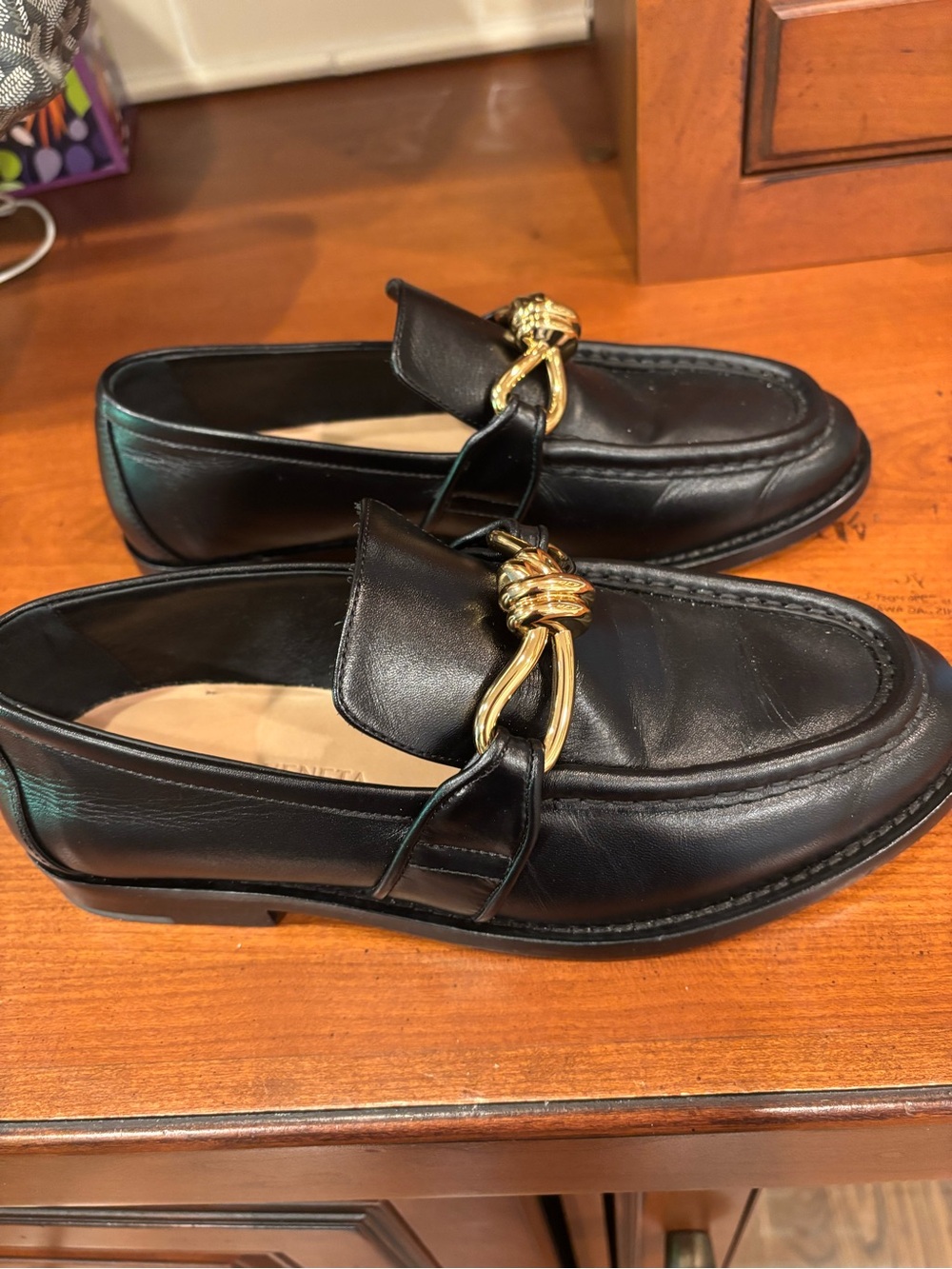 Bottega Veneta Black Leather Women's Loafers with Gold Hardware